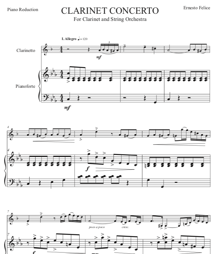 Clarinet Concerto by Ernesto Felice - Piano Reduction PDF